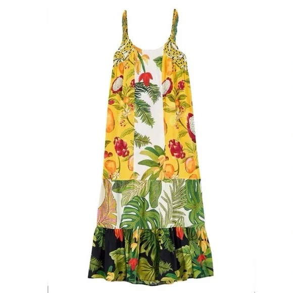 FARM Rio Mixed Prints Patch Maxi Dress Beaded Straps Tropical Fruit Size XL - Picture 6 of 16